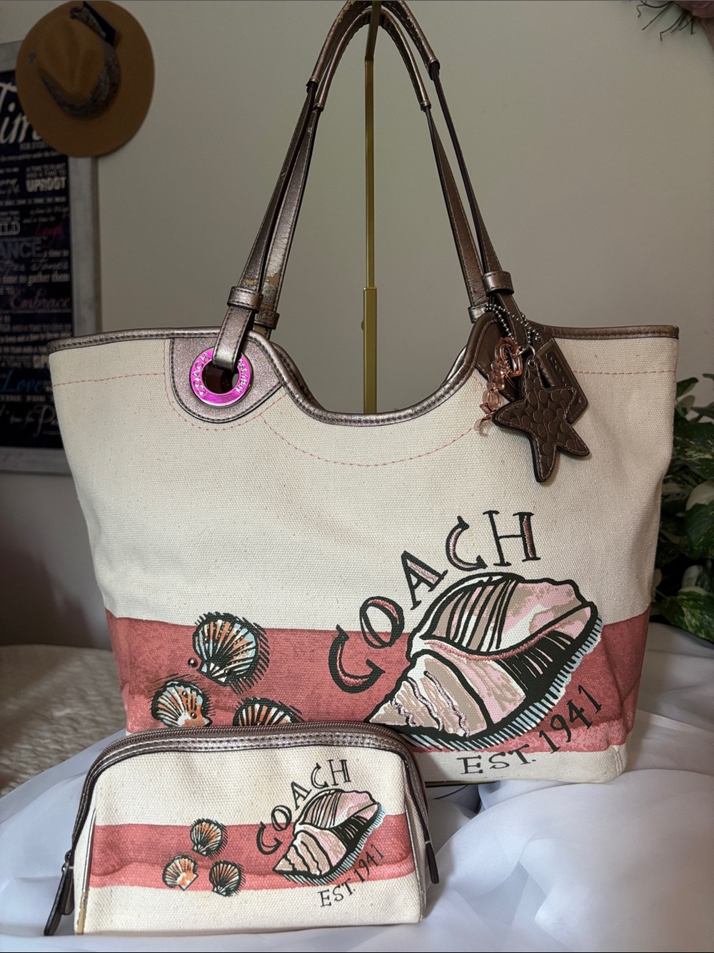 Limited Edition Coach Seashell Tote and matching Cosmetic Pouch